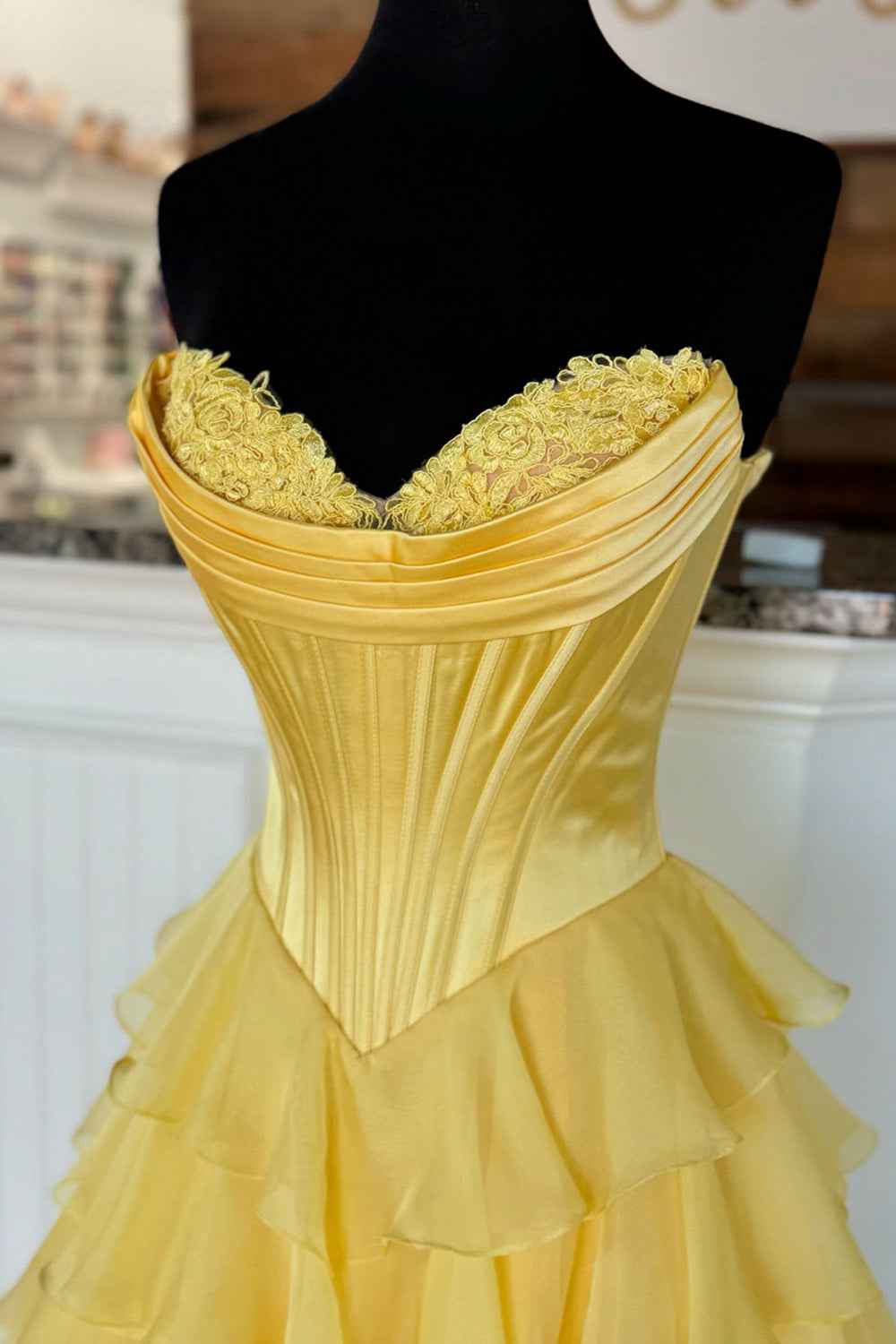 Yellow Princess Sweetheart Chiffon Ruffled Long Corset Prom Dress with Slit