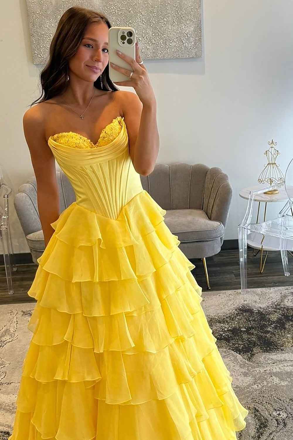 Yellow Princess Sweetheart Chiffon Ruffled Long Corset Prom Dress with Slit