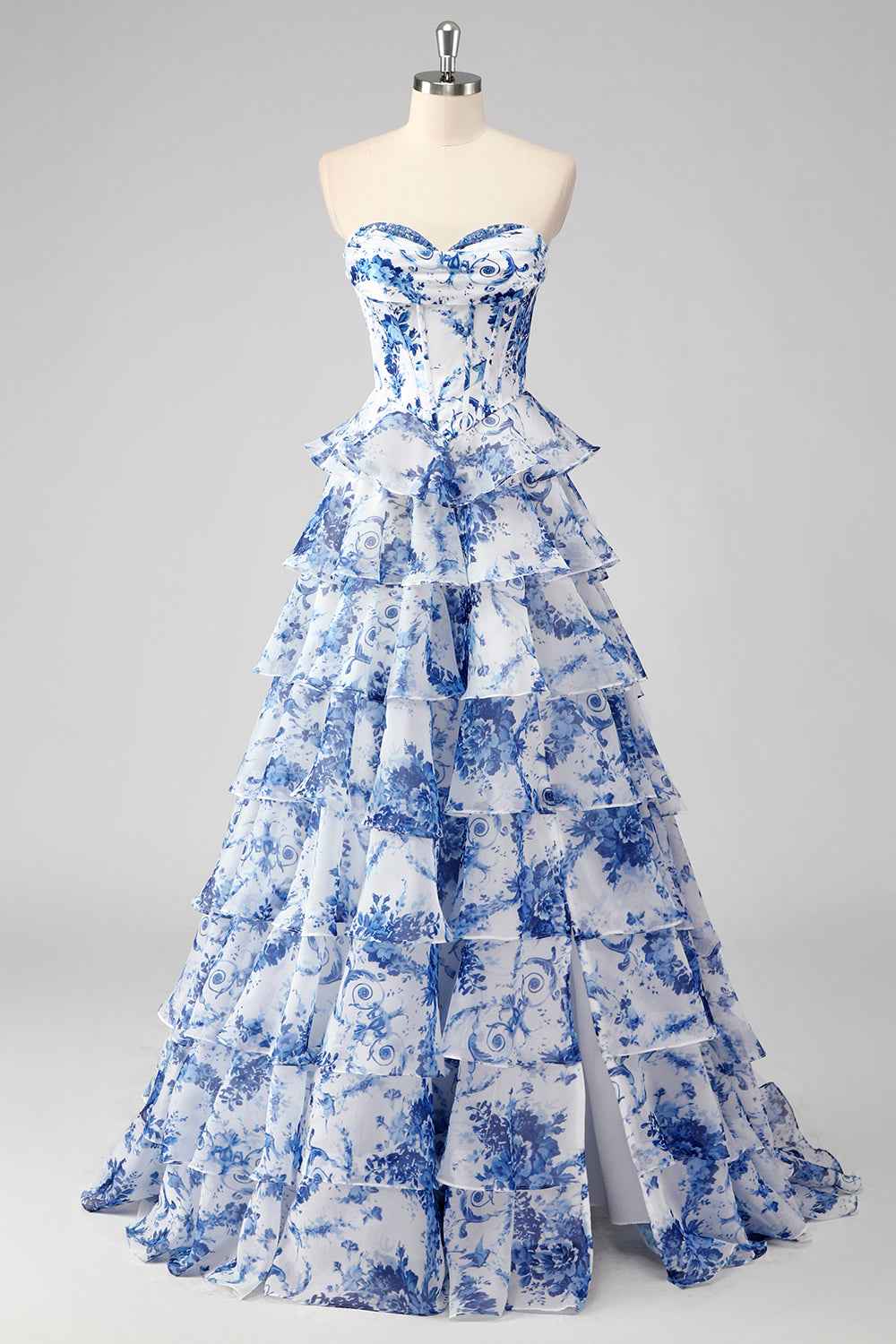Blush Sweetheart A-Line Chiffon Floral Ruffled Long Corset Prom Dress with Slit