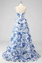 Blush Sweetheart A-Line Chiffon Floral Ruffled Long Corset Prom Dress with Slit