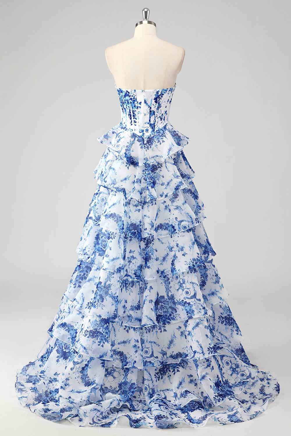 Blush Sweetheart A-Line Chiffon Floral Ruffled Long Corset Prom Dress with Slit