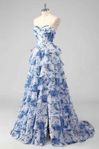Blush Sweetheart A-Line Chiffon Floral Ruffled Long Corset Prom Dress with Slit