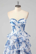 Blush Sweetheart A-Line Chiffon Floral Ruffled Long Corset Prom Dress with Slit