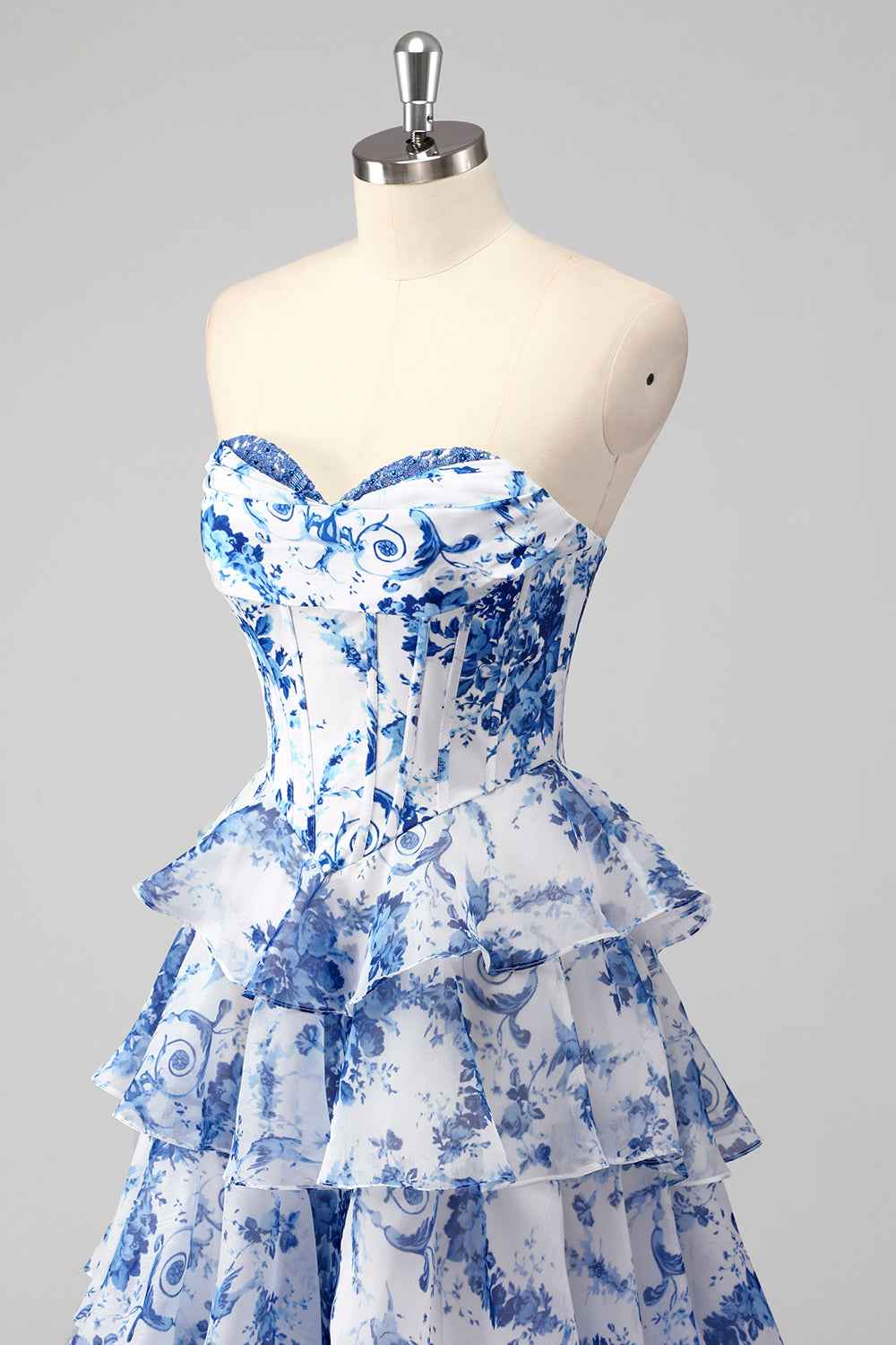 Blush Sweetheart A-Line Chiffon Floral Ruffled Long Corset Prom Dress with Slit