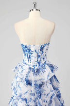 Blush Sweetheart A-Line Chiffon Floral Ruffled Long Corset Prom Dress with Slit