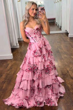 Blush Sweetheart A-Line Chiffon Floral Ruffled Long Corset Prom Dress with Slit