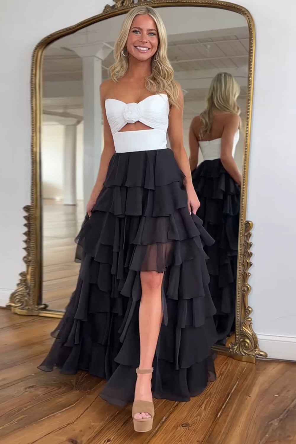 Royal Blue Sweetheart Chiffon A-Line Tiered Long Prom Dress with Slit