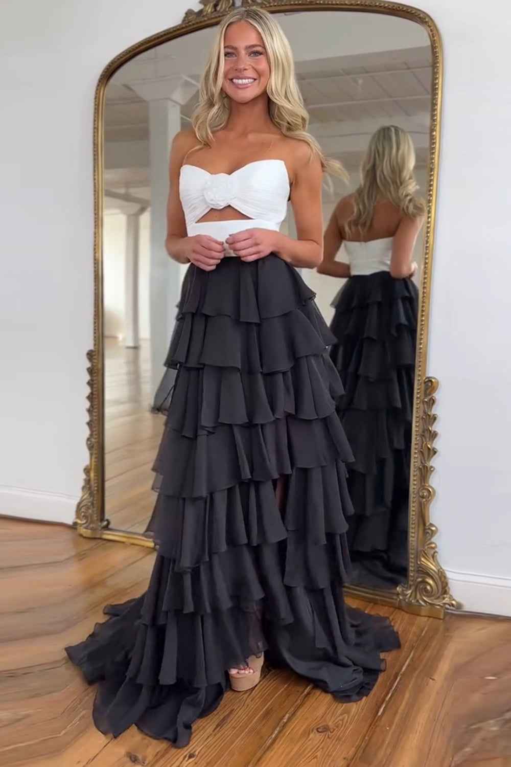 Royal Blue Sweetheart Chiffon A-Line Tiered Long Prom Dress with Slit