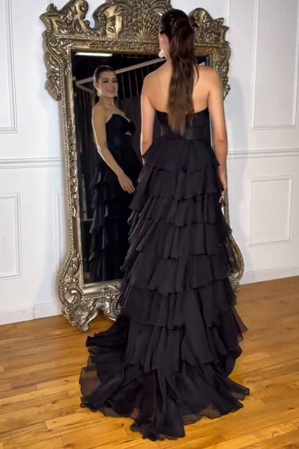 Black Sweetheart Chiffon A-Line Tiered Long Prom Dress with Slit