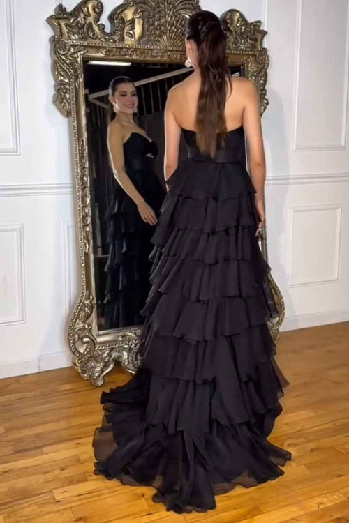 Black Sweetheart Chiffon A-Line Tiered Long Prom Dress with Slit BMBRIDE