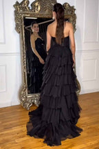 Royal Blue Sweetheart Chiffon A-Line Tiered Long Prom Dress with Slit