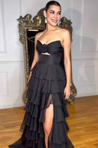 Royal Blue Sweetheart Chiffon A-Line Tiered Long Prom Dress with Slit
