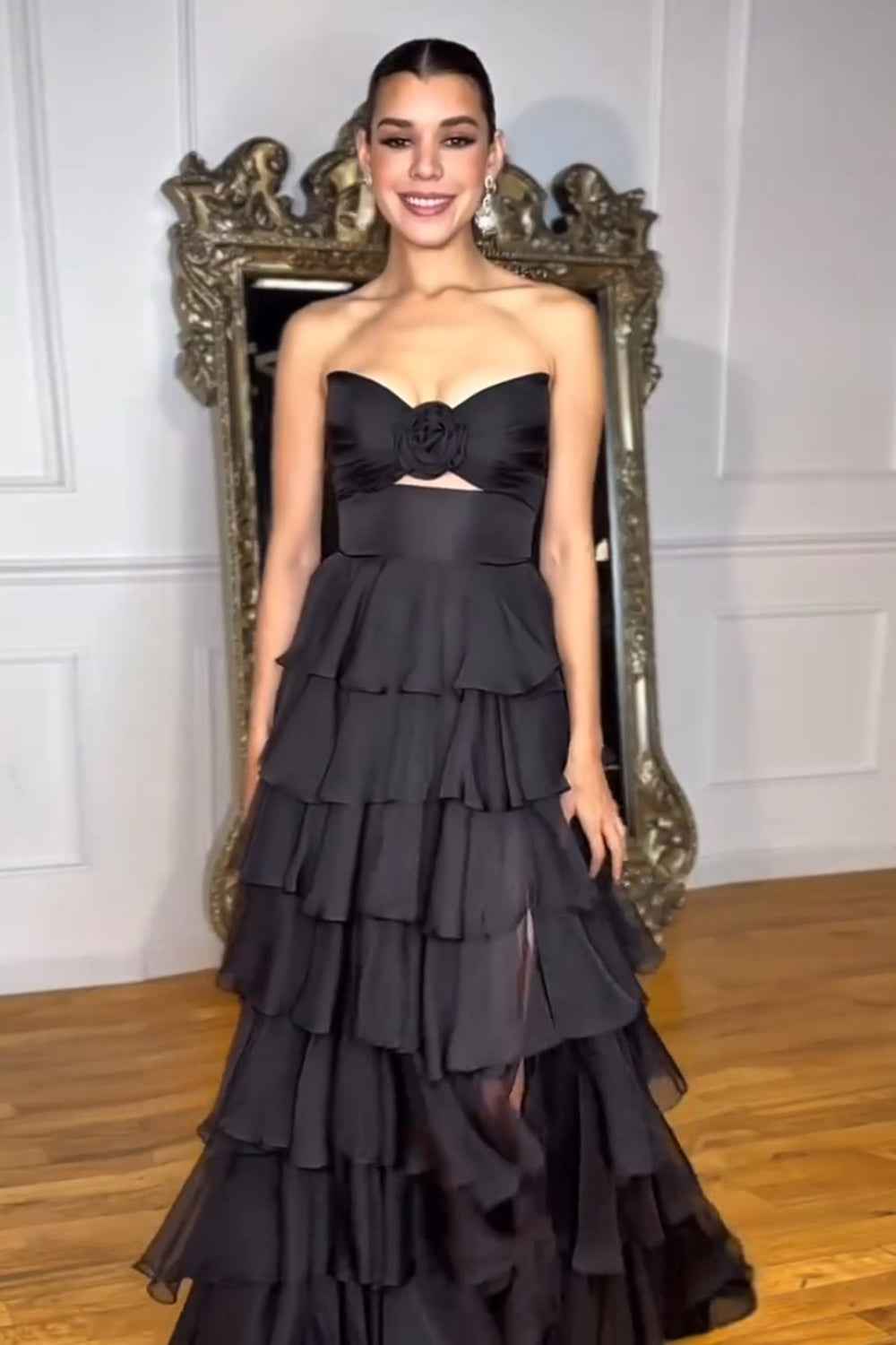 Black Sweetheart Chiffon A-Line Tiered Long Prom Dress with Slit