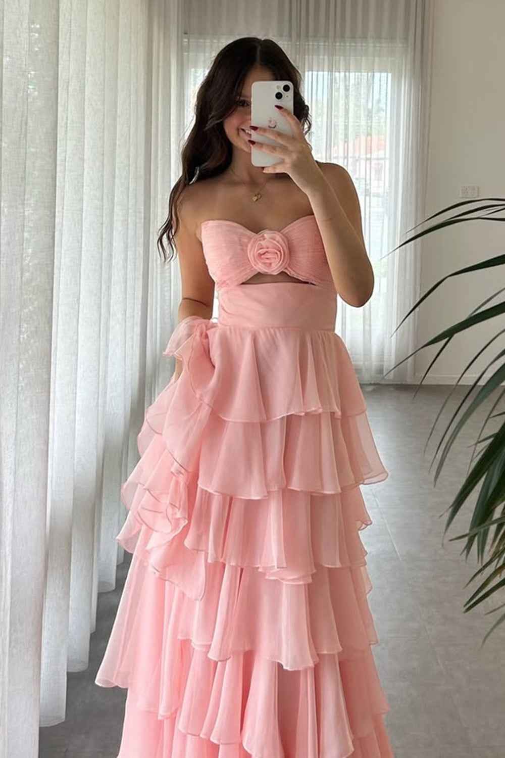 Black Sweetheart Chiffon A-Line Tiered Long Prom Dress with Slit