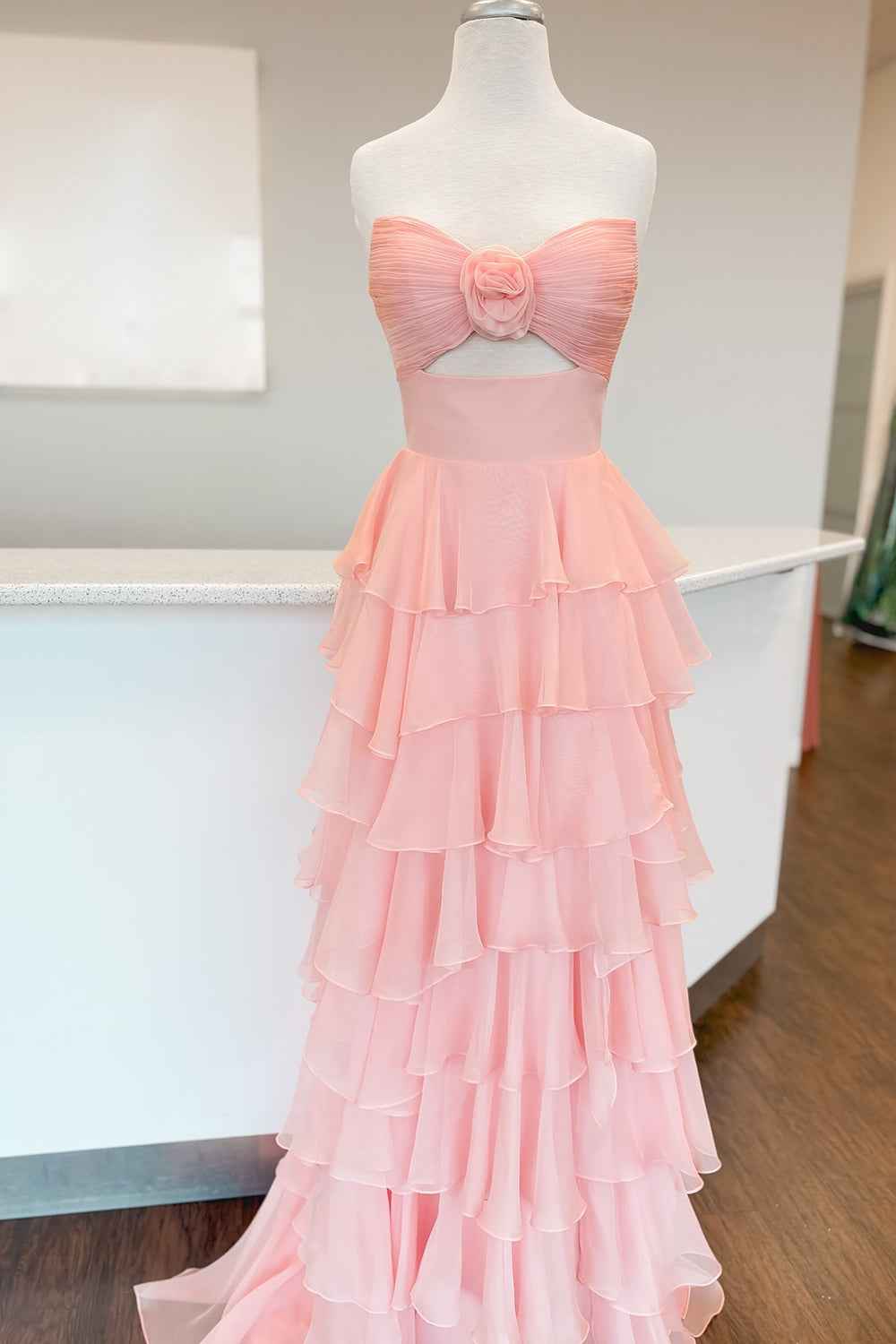 Black Sweetheart Chiffon A-Line Tiered Long Prom Dress with Slit