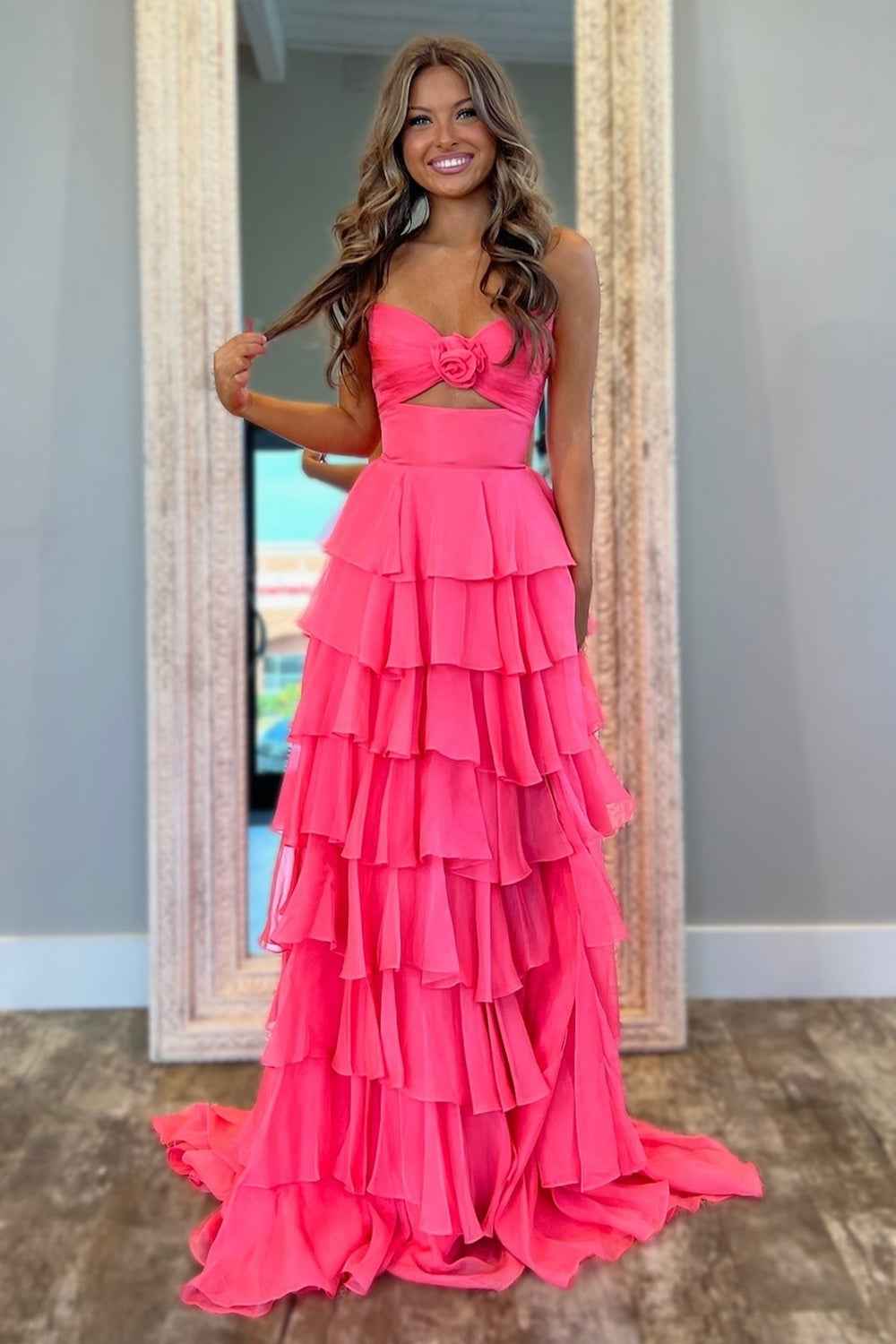 Royal Blue Sweetheart Chiffon A-Line Tiered Long Prom Dress with Slit