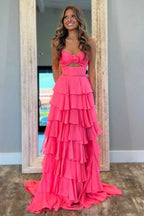 Black Sweetheart Chiffon A-Line Tiered Long Prom Dress with Slit
