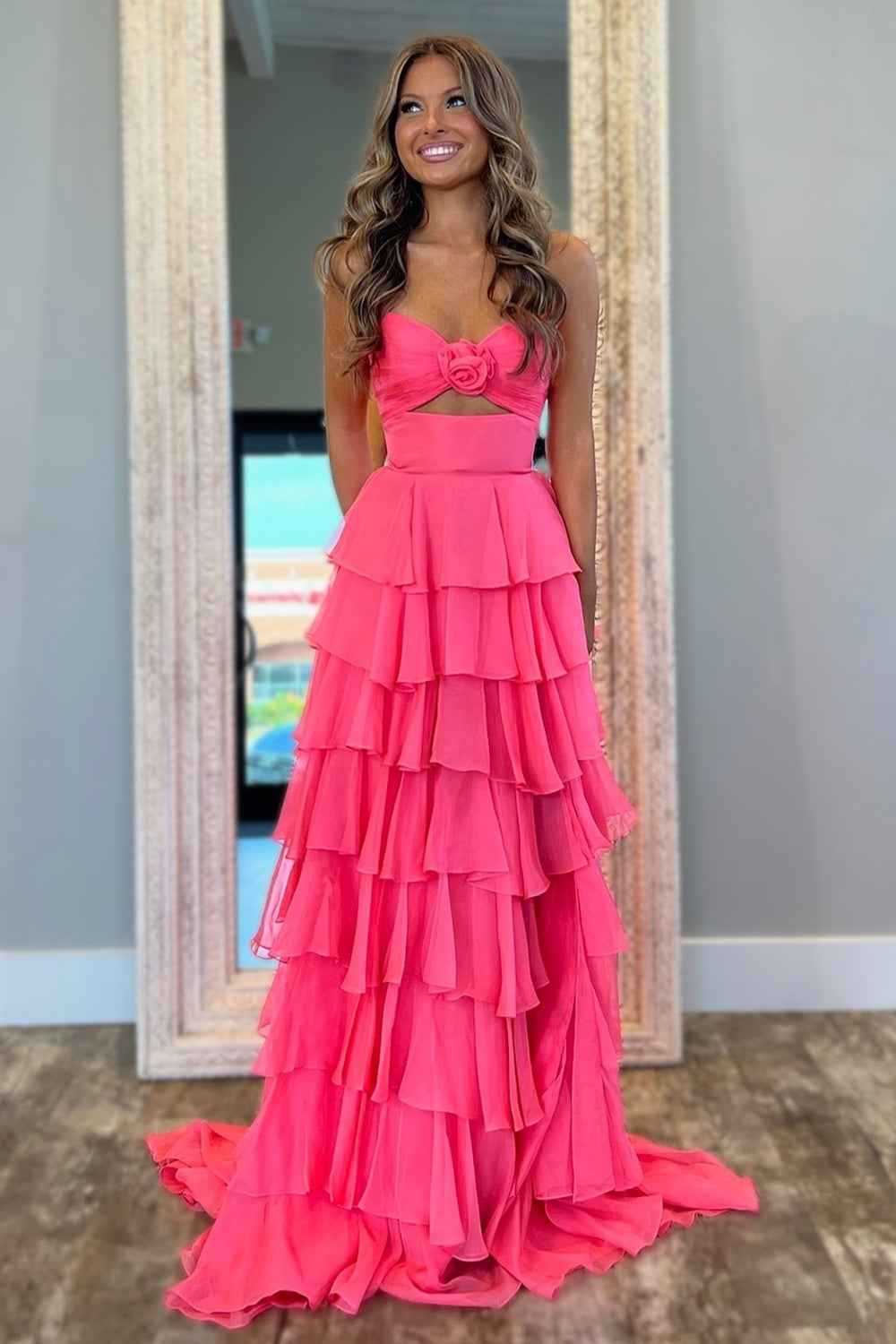 Black Sweetheart Chiffon A-Line Tiered Long Prom Dress with Slit