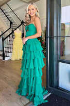 Royal Blue Sweetheart Chiffon A-Line Tiered Long Prom Dress with Slit