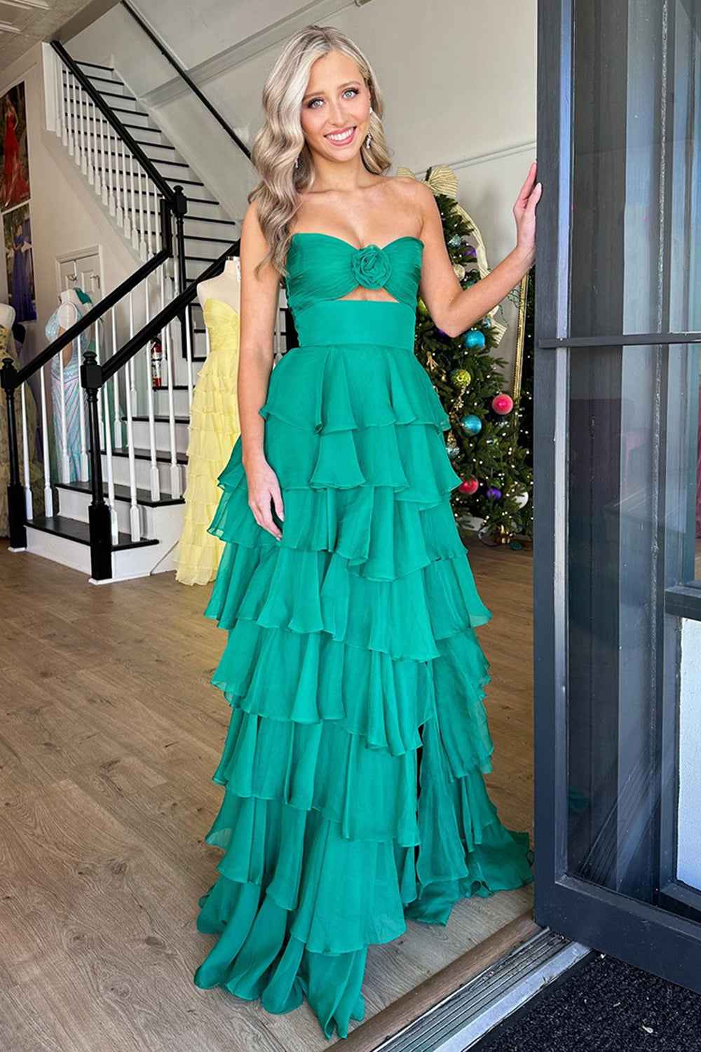 Royal Blue Sweetheart Chiffon A-Line Tiered Long Prom Dress with Slit