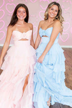 Black Sweetheart Chiffon A-Line Tiered Long Prom Dress with Slit