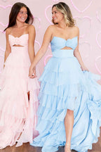 Royal Blue Sweetheart Chiffon A-Line Tiered Long Prom Dress with Slit