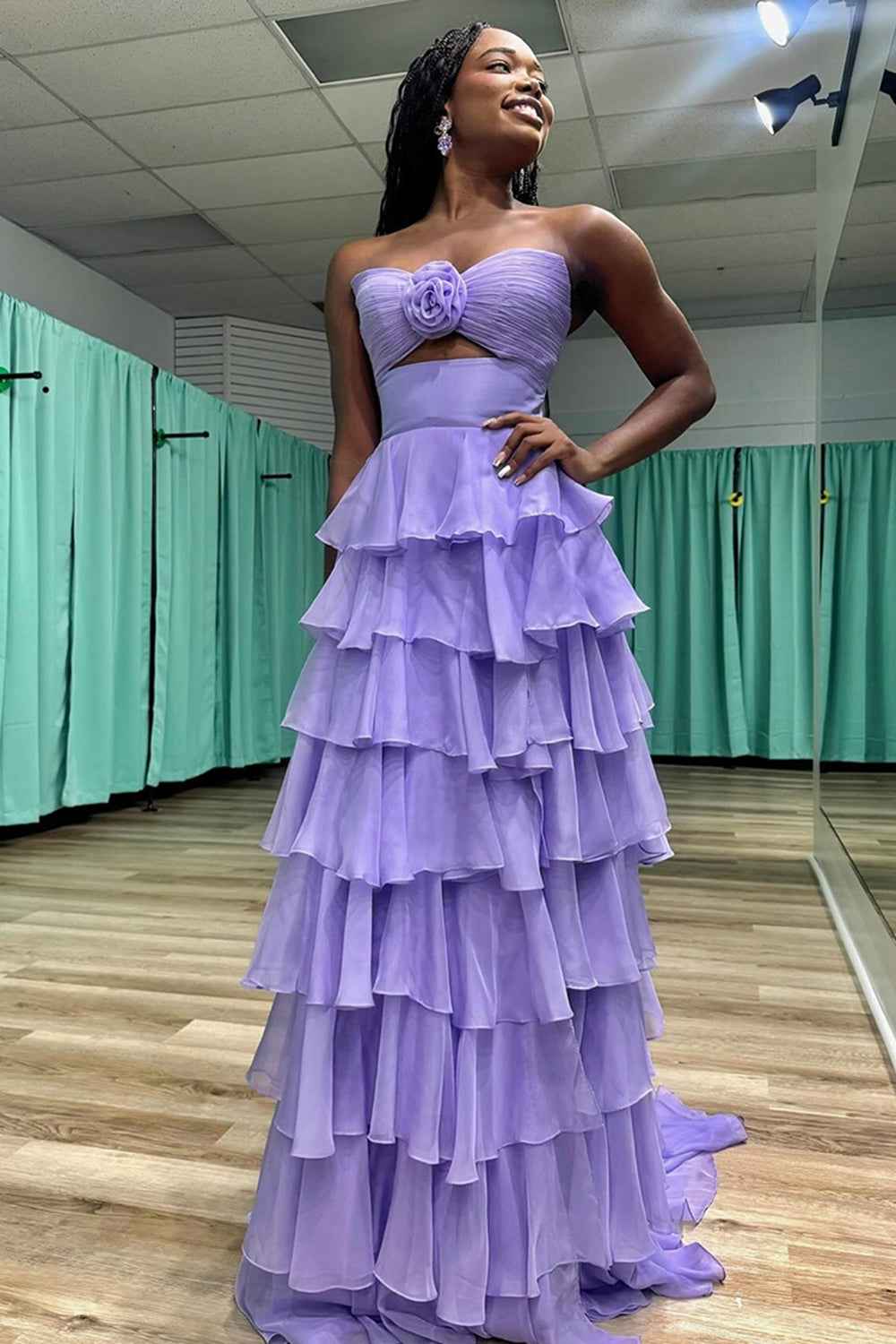 Black Sweetheart Chiffon A-Line Tiered Long Prom Dress with Slit