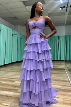 Royal Blue Sweetheart Chiffon A-Line Tiered Long Prom Dress with Slit