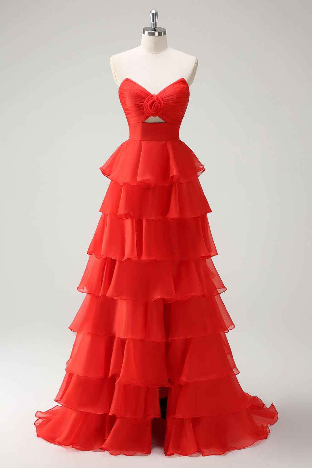 Black Sweetheart Chiffon A-Line Tiered Long Prom Dress with Slit