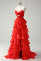 Royal Blue Sweetheart Chiffon A-Line Tiered Long Prom Dress with Slit