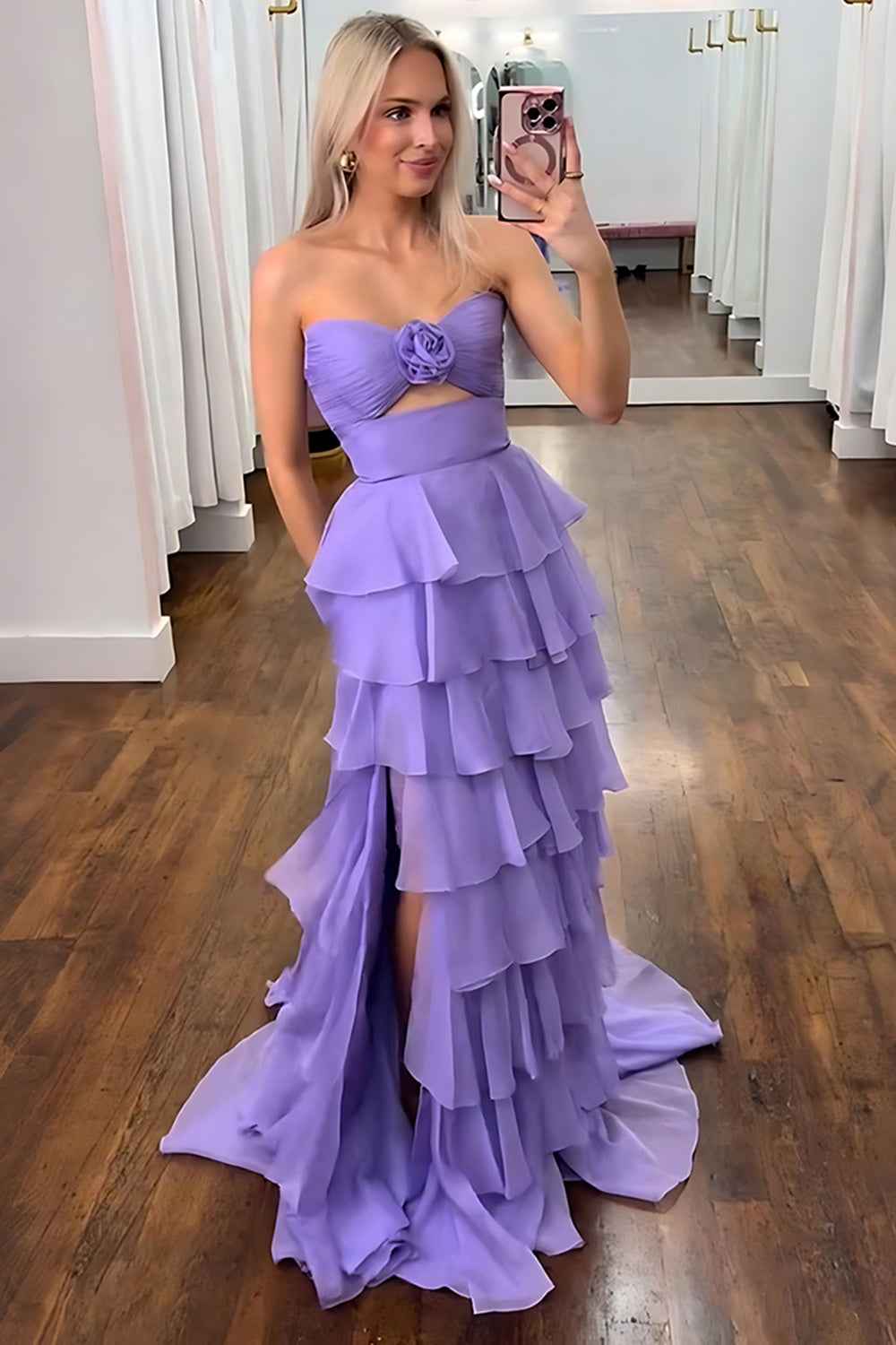 Royal Blue Sweetheart Chiffon A-Line Tiered Long Prom Dress with Slit
