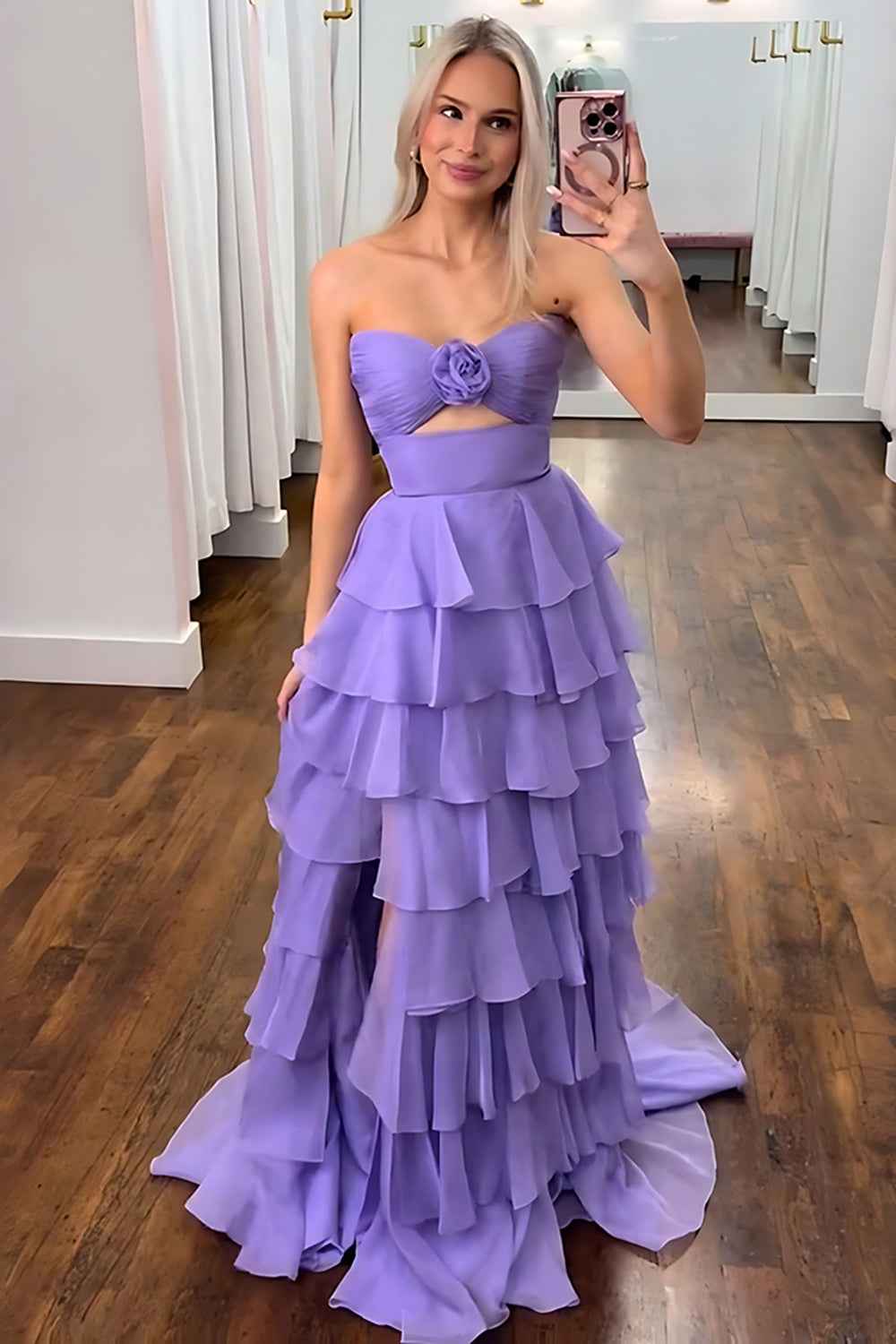 Black Sweetheart Chiffon A-Line Tiered Long Prom Dress with Slit