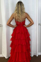 Black Sweetheart Chiffon A-Line Tiered Long Prom Dress with Slit
