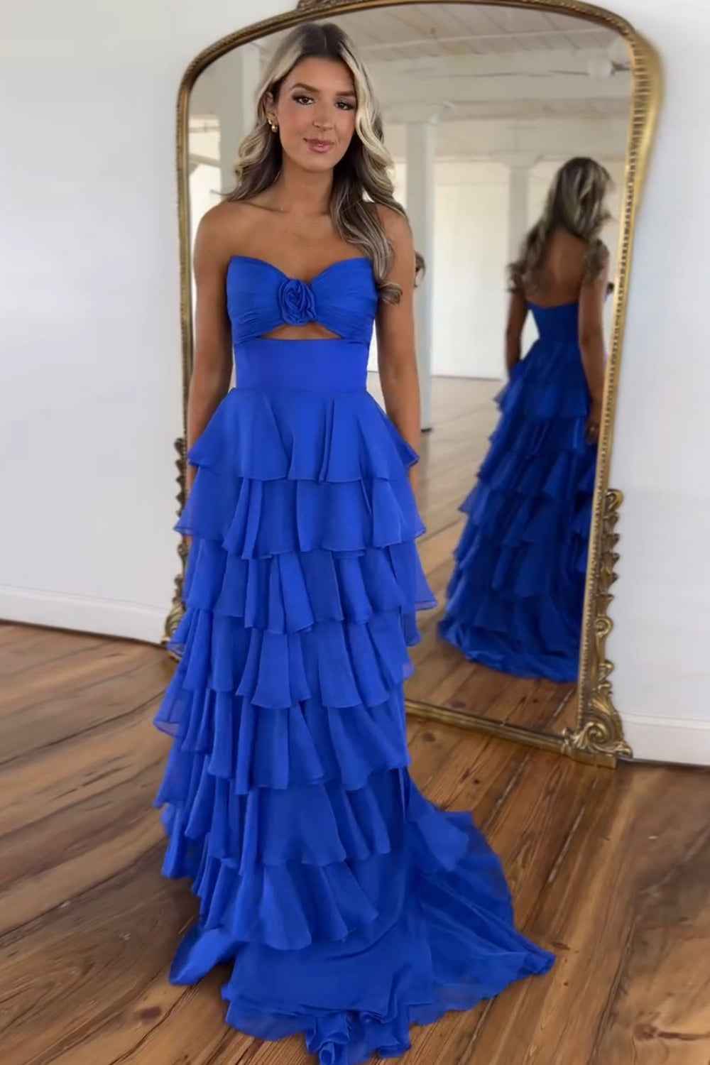 Black Sweetheart Chiffon A-Line Tiered Long Prom Dress with Slit
