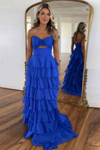 Black Sweetheart Chiffon A-Line Tiered Long Prom Dress with Slit