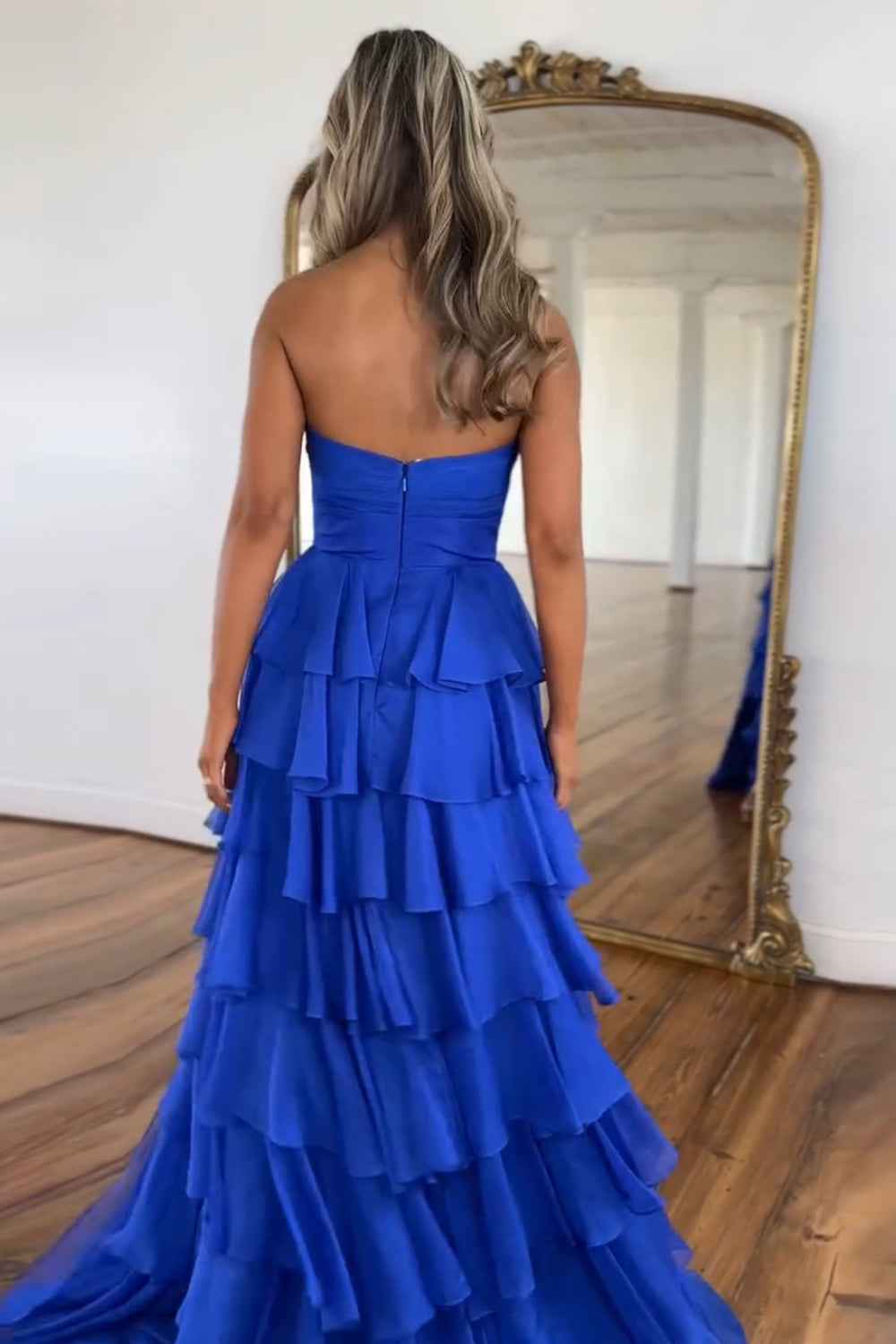 Black Sweetheart Chiffon A-Line Tiered Long Prom Dress with Slit