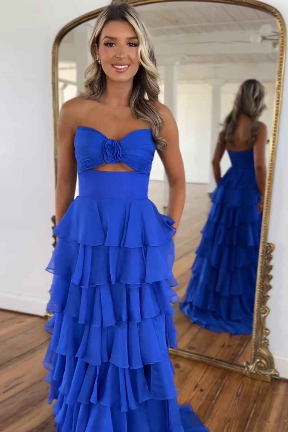 Black Sweetheart Chiffon A-Line Tiered Long Prom Dress with Slit