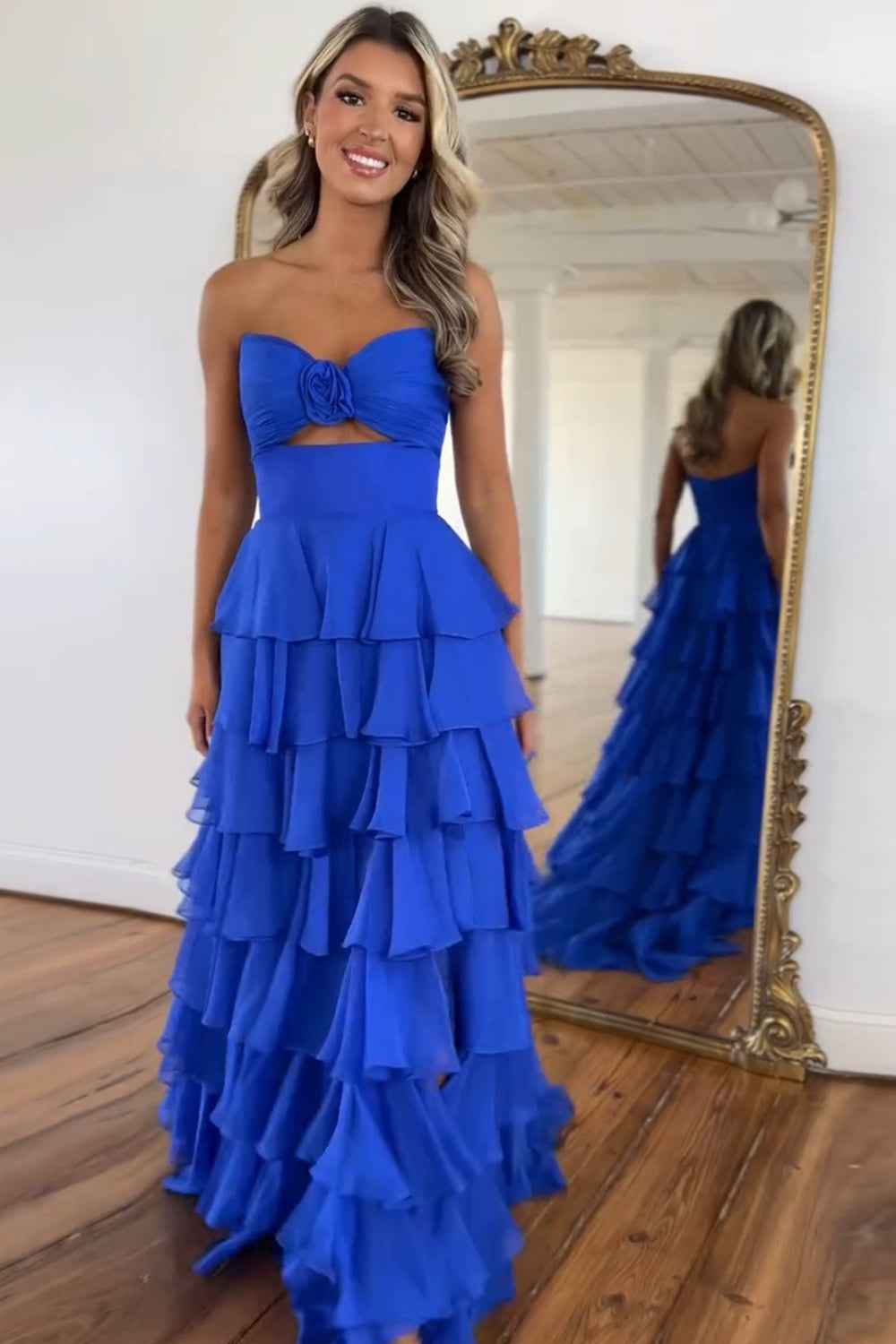 Black Sweetheart Chiffon A-Line Tiered Long Prom Dress with Slit