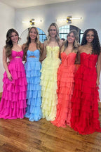 Black Sweetheart Chiffon A-Line Tiered Long Prom Dress with Slit