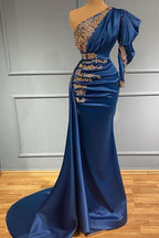 Royal Blue One-Shoulder Beadings Mermaid Prom Dress Long BM bride