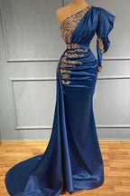 Chic Royal Blue Beadings One Shoulder Mermaid Prom Dress Long With Pleated