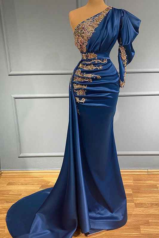 Chic Royal Blue Beadings One Shoulder Mermaid Prom Dress Long With Pleated