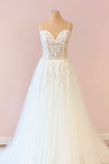 Pretty A-Line Spaghetti Strap Sweetheart Tulle Wedding Dress with Lace Appliques BM bride