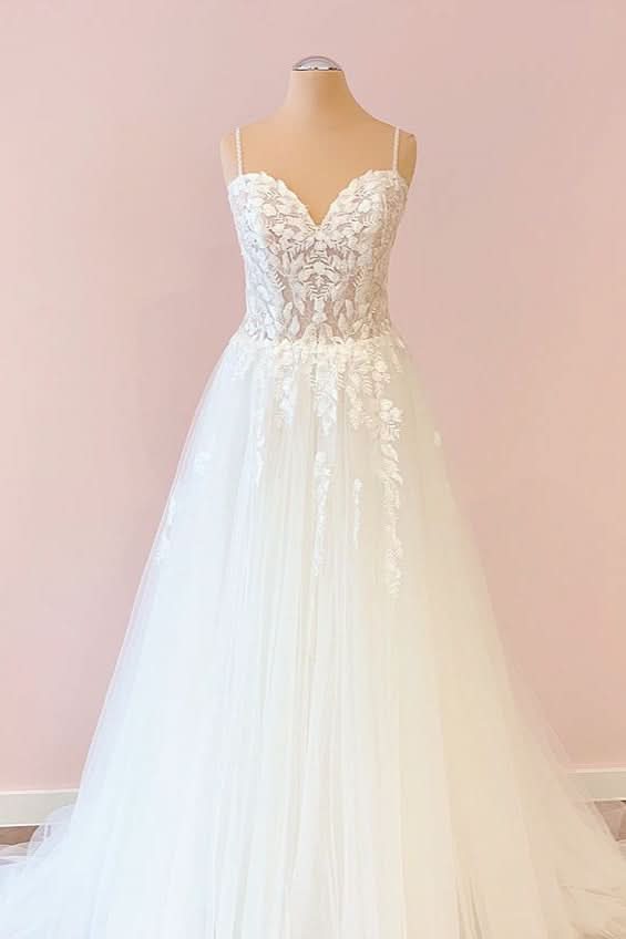 Pretty A-Line Spaghetti Strap Sweetheart Tulle Wedding Dress with Lace Appliques BM bride