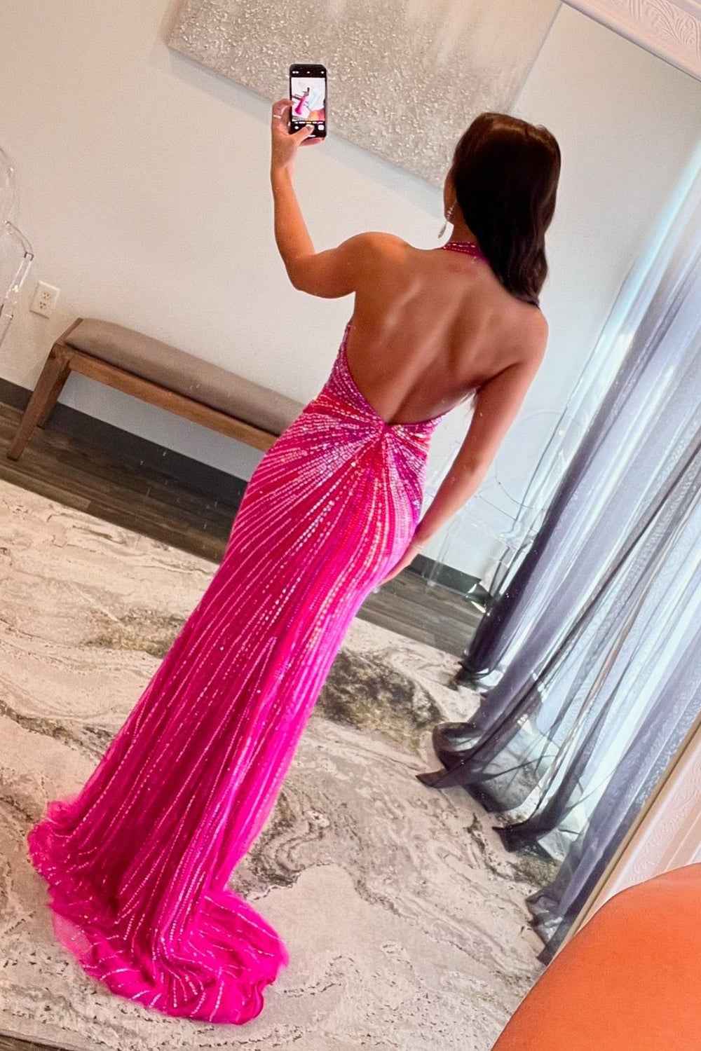 Glitter Fuchsia Halter Neck Beaded Mermaid Long Prom Dress with Slit