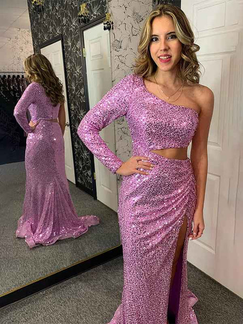 Sparkly Purple One Shoulder Cut Out Long Prom Dress with Slit BMBRIDE