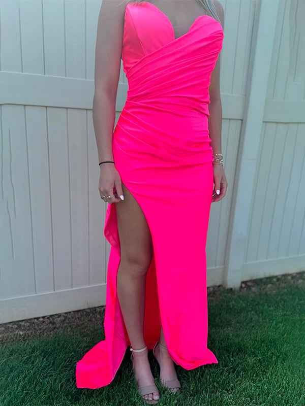 Hot Pink Mermaid Sweetheart Strapless Long Prom Dress with Slit