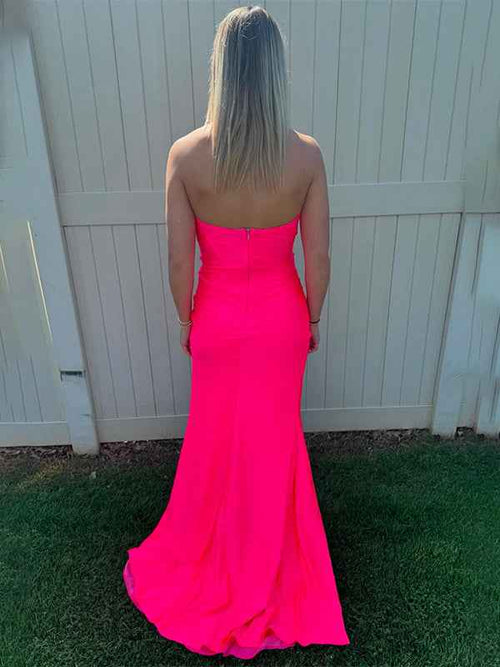Hot Pink Mermaid Sweetheart Strapless Long Prom Dress with Slit BMBRIDE