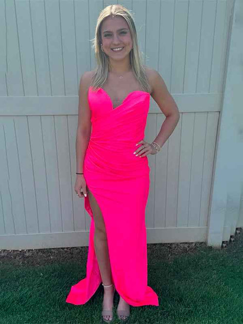 Hot Pink Mermaid Sweetheart Strapless Long Prom Dress with Slit BMBRIDE