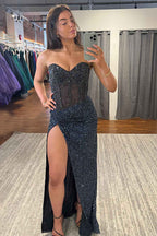 Sparkly Blue Sweetheart Sequins Bodycon Long Corset Prom Dress with Beading